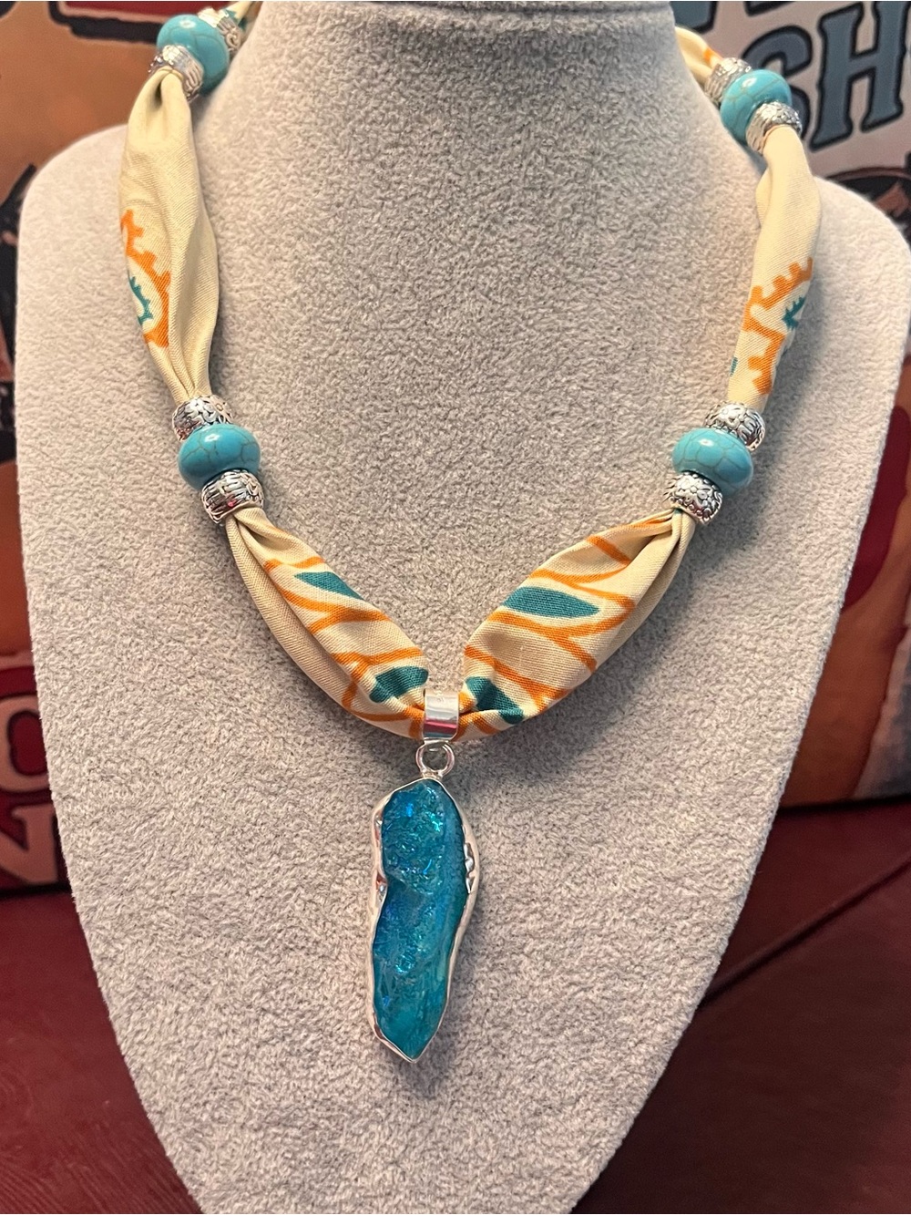 Turquoise Blue Druzy Pendant Scarf Necklace - Women Jewelry
